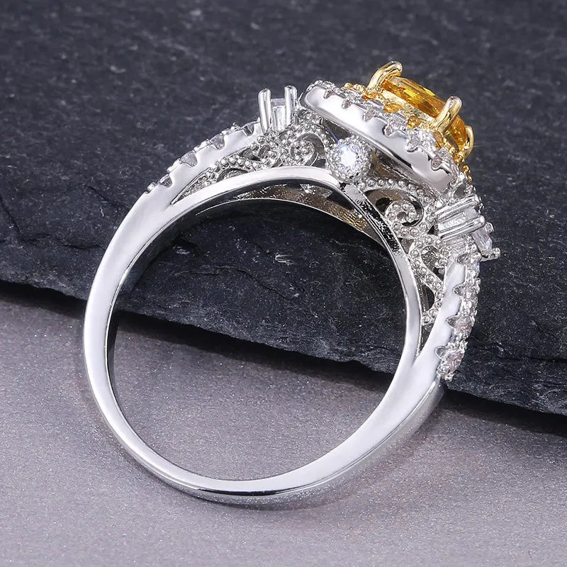 Elegant Sterling Silver CZ Stone Ring with Yellow Quartz - Perfect Engagement and Fashion Jewelry for Women