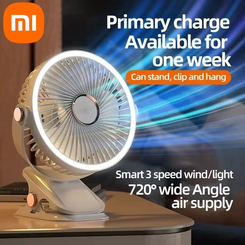 Xiaomi 8000mAh Rechargeable Clip-On Fan - 3 Speed Quiet Air Circulator with LED Light for Home and Camping