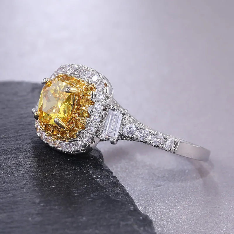 Elegant Sterling Silver CZ Stone Ring with Yellow Quartz - Perfect Engagement and Fashion Jewelry for Women