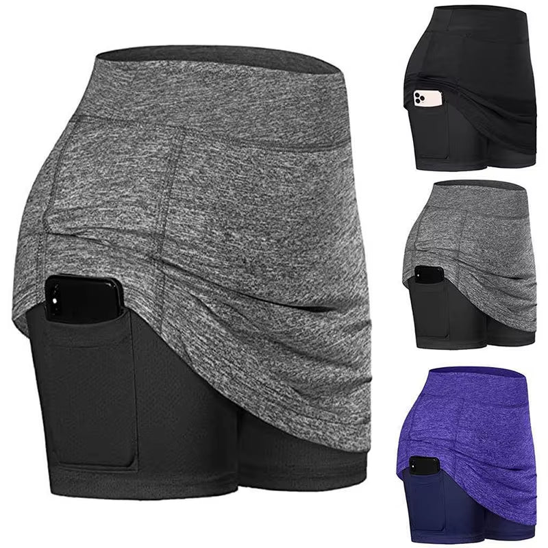 Women'S Tennis Skirts Inner Shorts Elastic Sports Golves Skorts with Phone Pockets Sexy Fitness High Waist Yoga Dancing Shorts