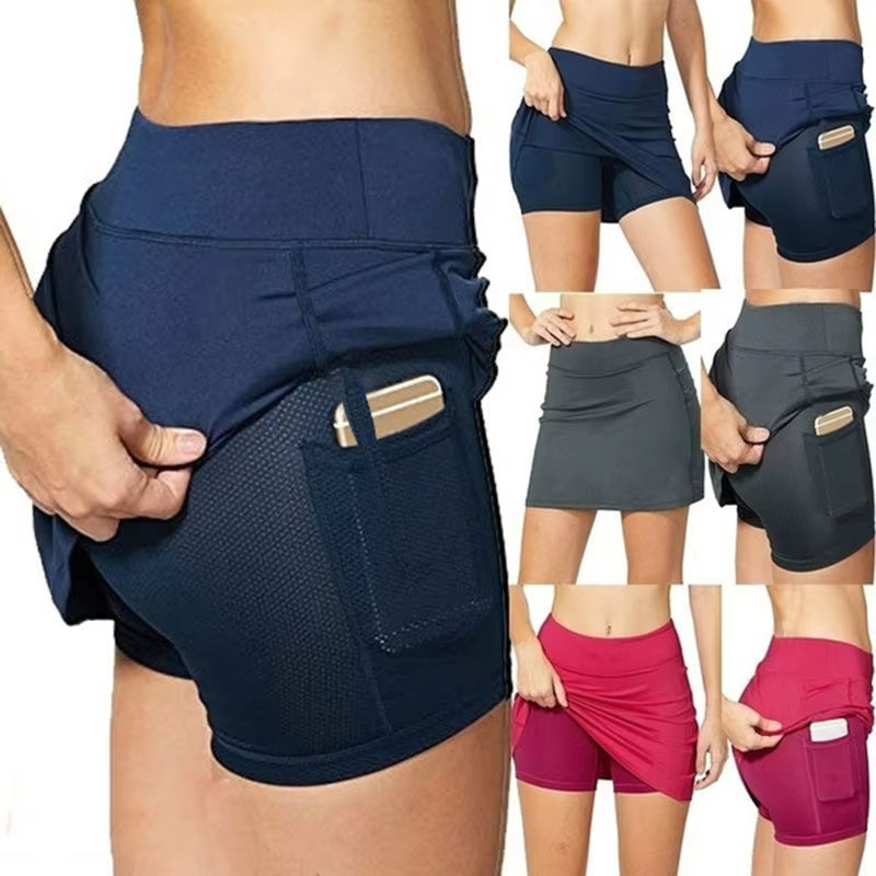 Women'S Tennis Skirts Inner Shorts Elastic Sports Golves Skorts with Phone Pockets Sexy Fitness High Waist Yoga Dancing Shorts