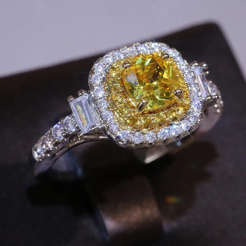 Elegant Sterling Silver CZ Stone Ring with Yellow Quartz - Perfect Engagement and Fashion Jewelry for Women