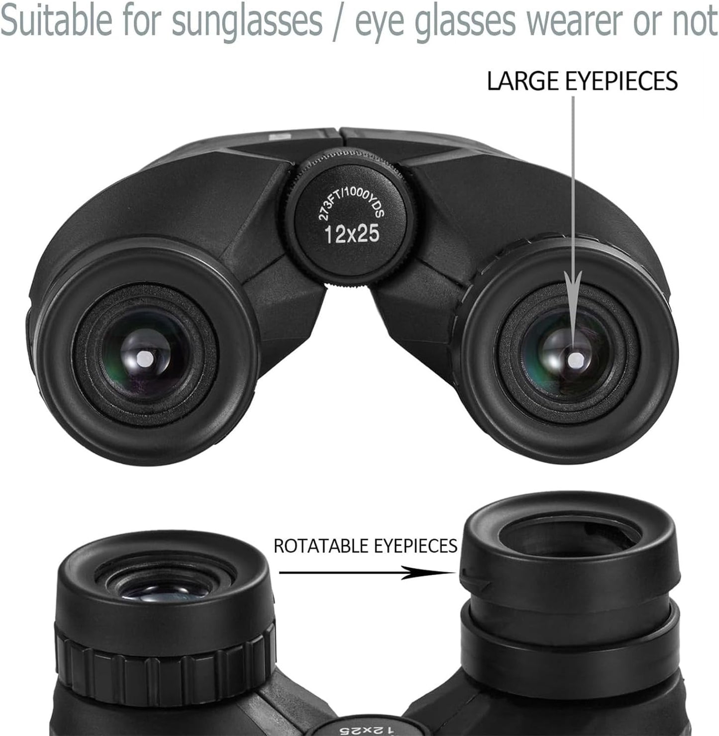 12X25 Compact Binoculars for Adults and Kids, Large Eyepiece Waterproof Binocular with Low Light Vision,High Powered Easy Focus Binoculars for Bird Watching,Outdoor Hunting,Travel,Sightseeing
