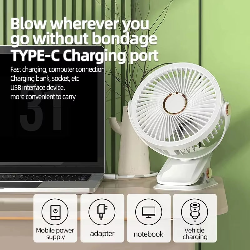 Xiaomi 8000mAh Rechargeable Clip-On Fan - 3 Speed Quiet Air Circulator with LED Light for Home and Camping