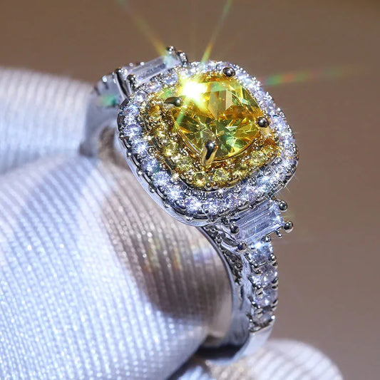 Elegant Sterling Silver CZ Stone Ring with Yellow Quartz - Perfect Engagement and Fashion Jewelry for Women